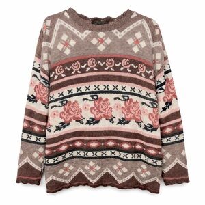 Cottagecore Coquette Floral Fair Isle Vintage Knit Sweater Romantic